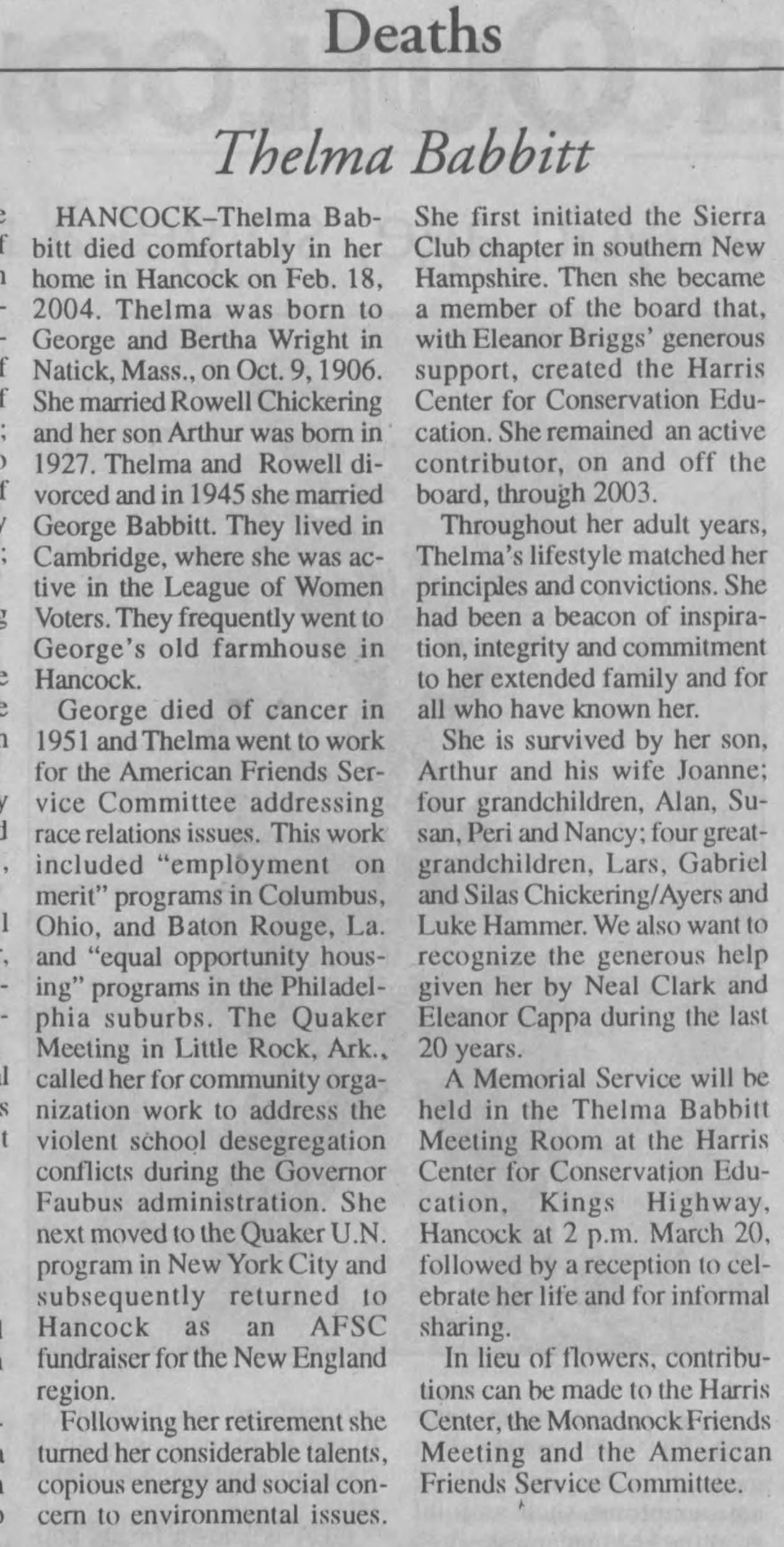 Obituary of Thema Babbitt 1906-2004, Peterborough Transcript 3-4-2004